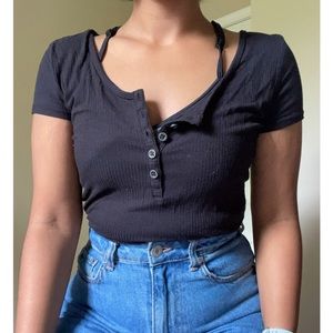 Black ribbed Henley bodysuit